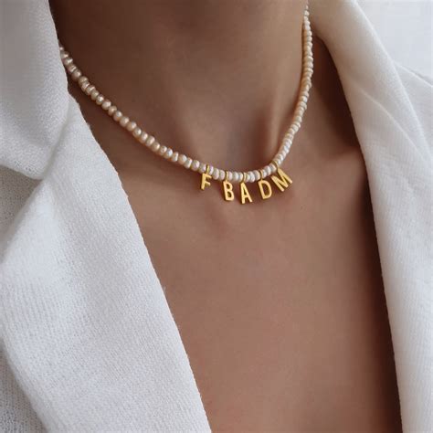 Name Necklace With Organic Pearls- Gold Electroplated