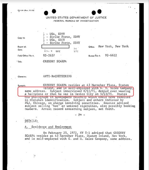 1972 - FBI report on Colombo Soldier / Informant Greg Scarpa. After ...