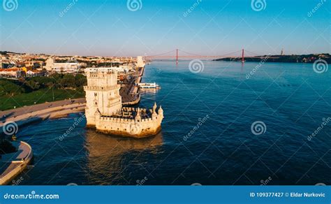 Aerial Panorama of Belem Tower and Belem District at Sunset.Tower of St ...