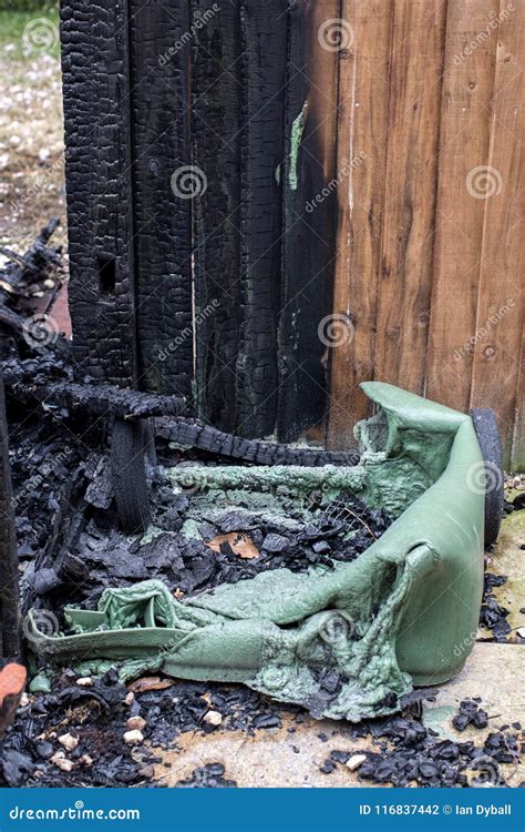 Melted Plastic Recycling Wheelie Bin after Fire Damage Stock Photo ...