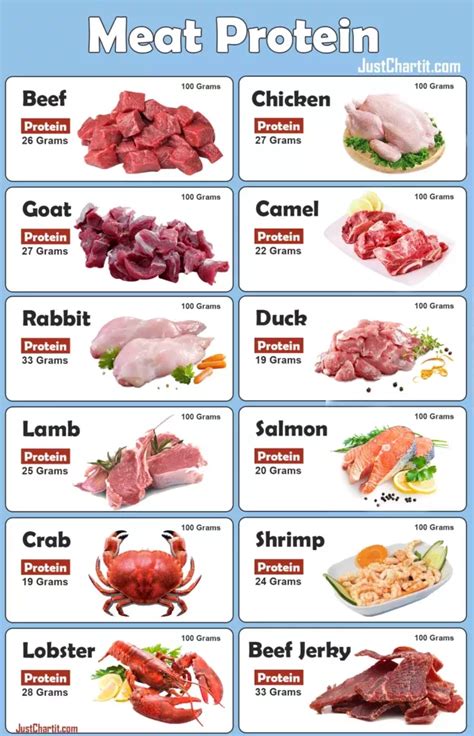 Meat Protein Chart - Protein Percentage % per 100g | Meats high in ...