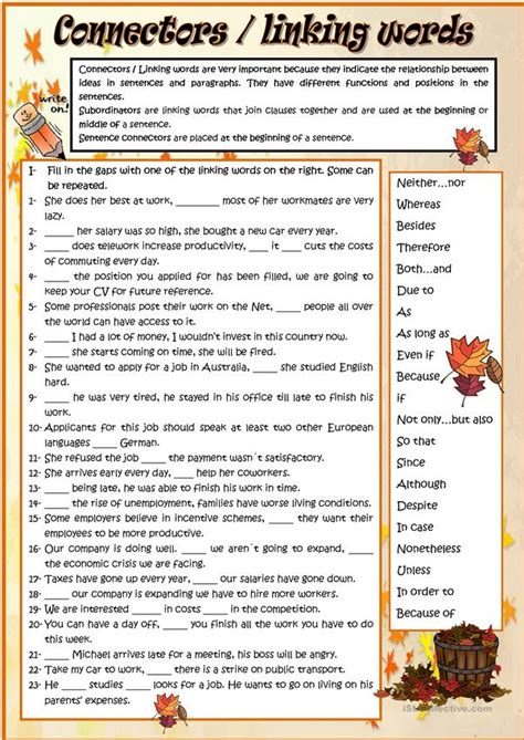 Connectors / linking words worksheet - Free ESL printable worksheets