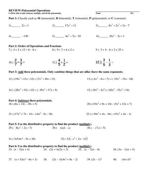 Polynomials Worksheet #1 | Study Guides, Projects, Research ...