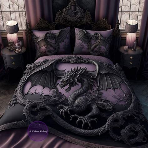 a bed with a dragon on it and purple sheets