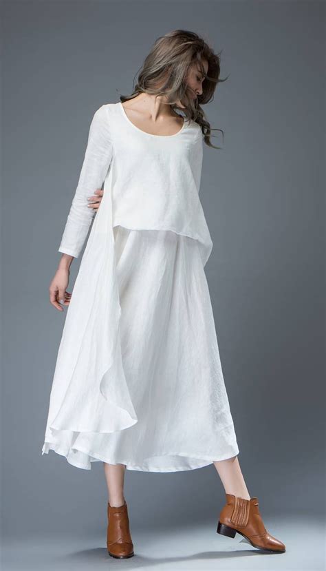 White Linen Dress Layered Flowing Elegant Long Sleeve Long - Etsy