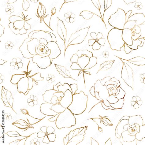 Seamless pattern with gold flowers and leaves. Hand drawn background ...