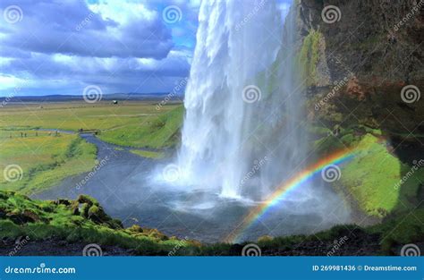 Dramatic Rainbow Below Seljalandsfoss Waterfall, Southern Iceland Stock ...