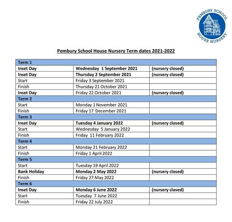 Term Dates | Pembury School House Nursery