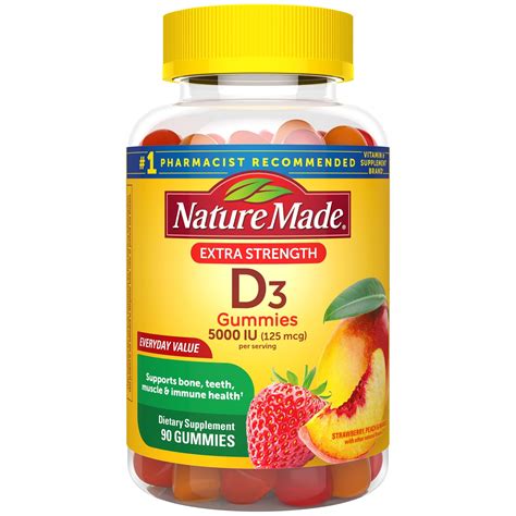 Nature Made Extra Strength Vitamin D3 5000 IU (125 mcg), 90 Gummies ...