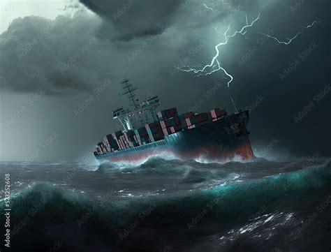 Cargo ship with containers on deck in storm sea and stormy sky, cargo ...