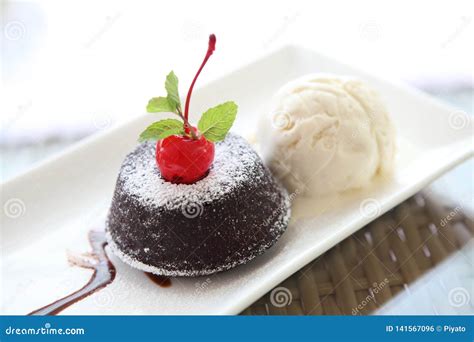 Chocolate Lava Cake with Ice Cream Stock Photo - Image of decorated ...