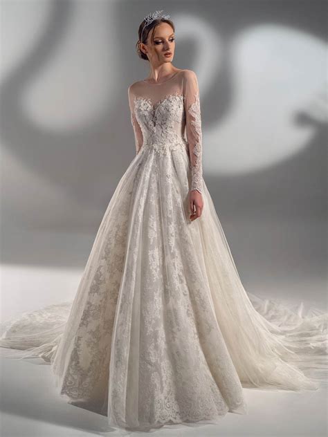 Beaded lace ball gown with long sleeves