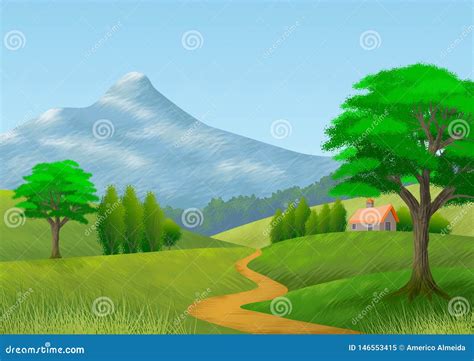 Nature Landscape with Mountain, Trees, Hills, a Path and a Cottage ...