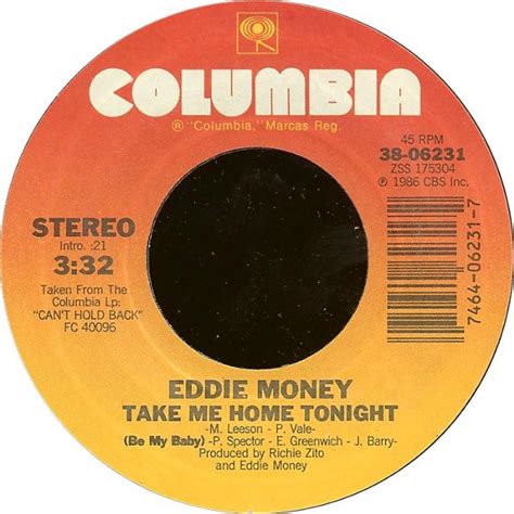 Eddie Money - Take Me Home Tonight (Vinyl, 7", 45 RPM, Single, Styrene ...