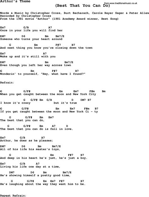 Song lyrics with guitar chords for Arthur's Theme - Christopher Cross, 1981