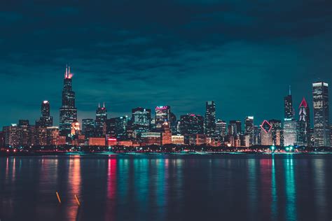 Chicago Wallpaper 4K, Night, City lights, Cityscape