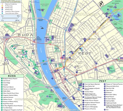 Budapest map - Points of interest, pedestrian walking area, Metro stops ...