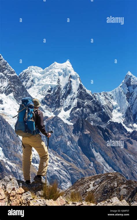 Hiking scene in Cordillera mountains, Peru Stock Photo - Alamy