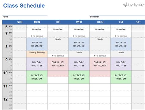 Weekly Class Schedule Template for Excel