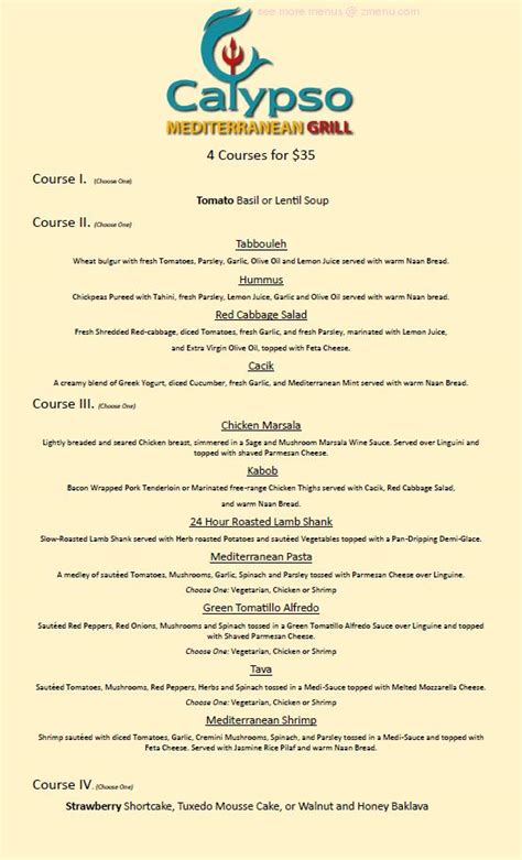 Menu at Calypso Mediterranean Grill pub & bar, Traverse City