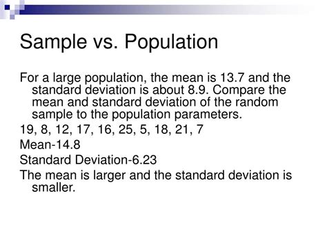 PPT - Sample vs Population comparing mean and standard deviations ...