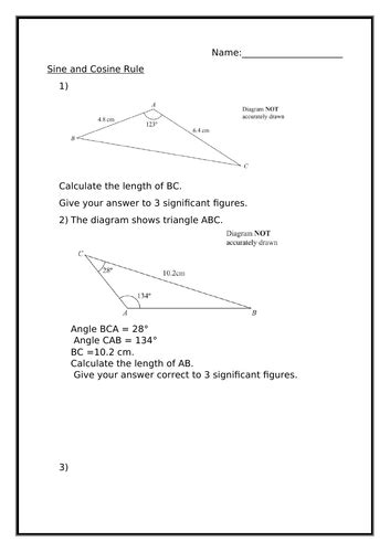 SINE AND COSINE RULE WORKSHEET | Teaching Resources