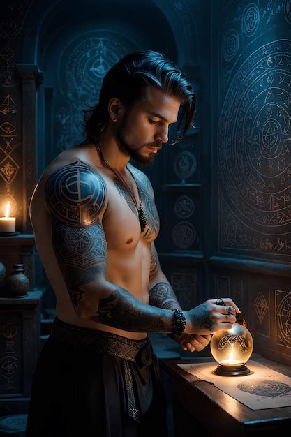 Premium AI Image | An arcane tattoo artist in a room surrounded by symbols