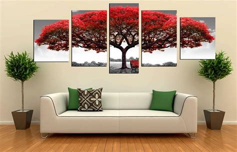 Unframed 5 Panels Large Red Tree Painting Modern Home Wall Decor For ...