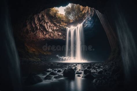 A Waterfall is Seen from the Inside of a Cave with a Waterfall in the ...