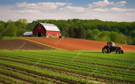 Premium Photo | A farm with a red barn and a tractor in the foreground