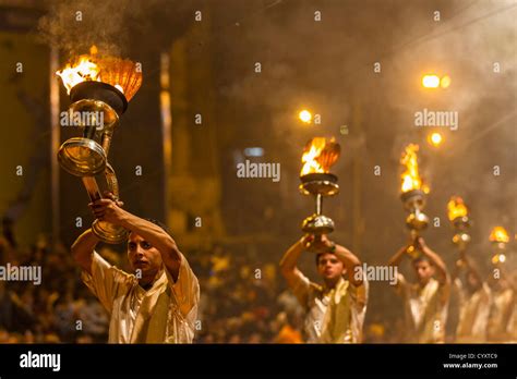 India, Uttar Pradesh, Priests celebrating River Ganges Aarti Stock ...