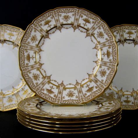 Six Royal Doulton Dinner Plates c.1920 Raised Gold Encrusted Vintage ...