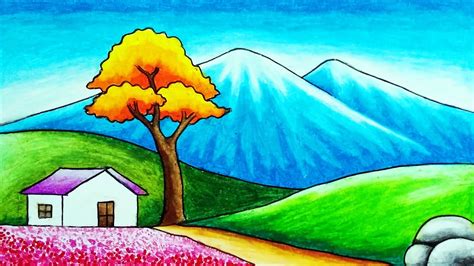 How to Draw Easy Scenery of Mountain, Hills, House and Flowers Field ...