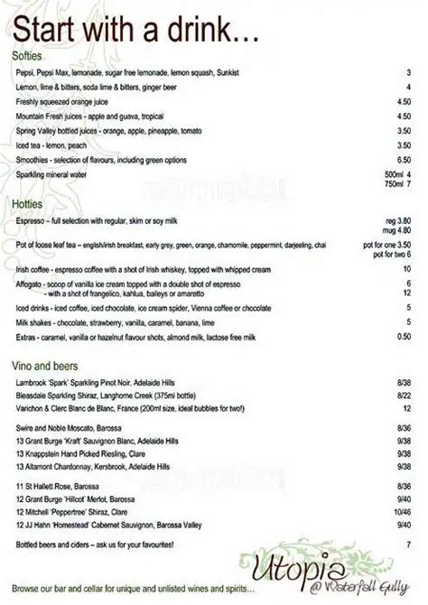 Menu at Utopia restaurant, Waterfall Gully