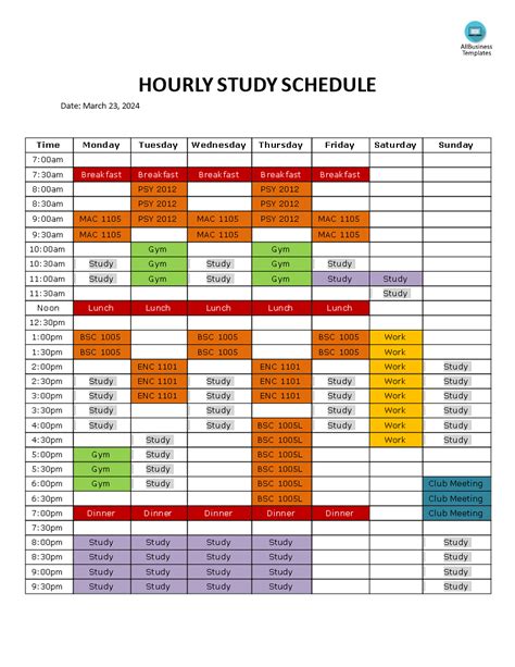 Study Timetable Template Excel