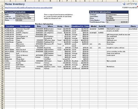 Insurance Itemized List Of Household Items ~ MS Excel Templates