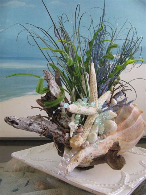 Whelk Shell Driftwood Centerpiece~Coastal Home Decor~Seashell ~Blue ...