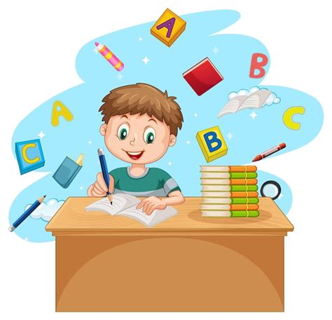 Free Vector | A boy doing homework with books on white background