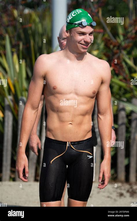 Leon Marchand trains during the Swimming French National Championships ...