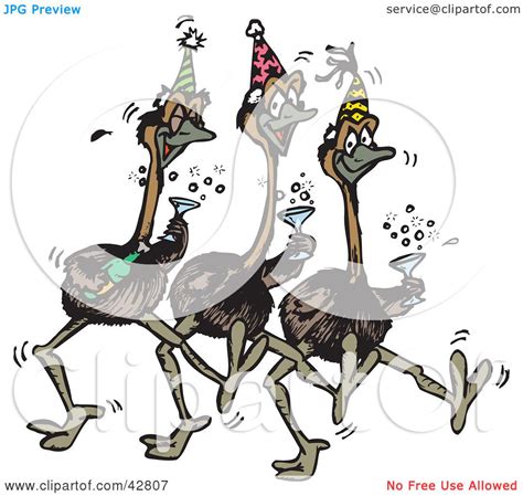 Clipart Illustration of Three Emus Dancing, Drinking Champagne And ...