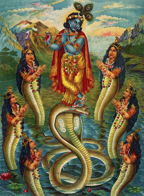 Indian Miniature Painting Of Lord Krishna Dancing On Snake in River Art ...