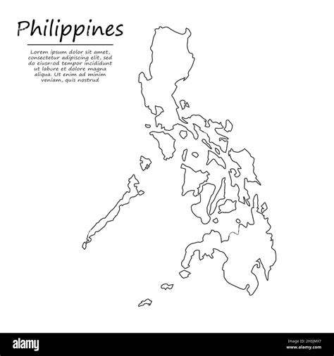 Simple outline map of Philippines, vector silhouette in sketch line ...