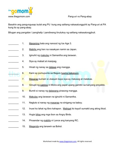 Kaanyuan Ng Pang-abay Worksheets - maglaro abay