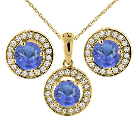 14K Yellow Gold Natural Tanzanite Earrings and Pendant Set with Diamond ...