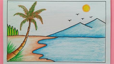 Cara Menggambar Pemandangan Pantai - How To Draw A Scenery Of Sea Beach ...