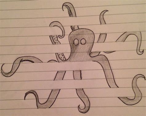 drawing sketch doodle octopus between the lines on lined paper ...