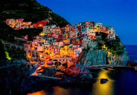 Beautiful View Of Manarola At Night Stock Photo - Download Image Now ...