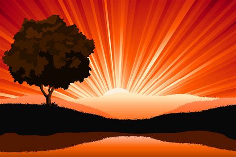 Amazing natural sunrise landscape with tree silhouette, vector ...