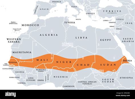 The Sahel a region in Africa, political map. Ecoclimatic, biogeographic ...