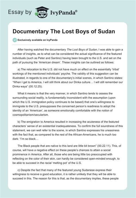 Documentary The Lost Boys of Sudan - 1141 Words | Essay Example